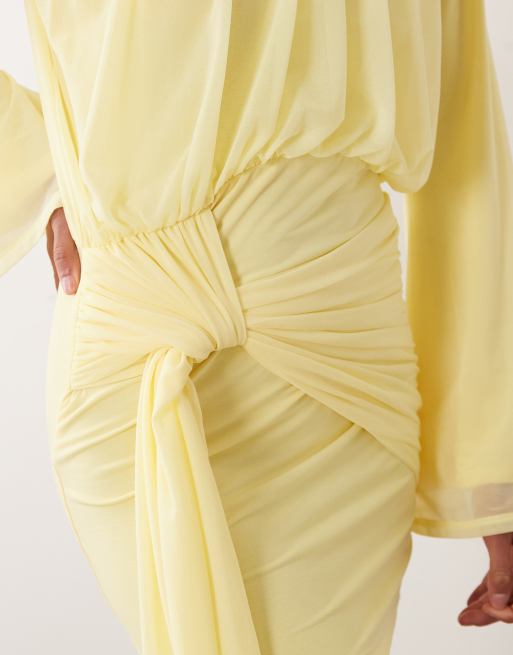 ASOS DESIGN - Vestito corto a campana accollato in chiffon elasticizzato giallo limone, 3 di 4