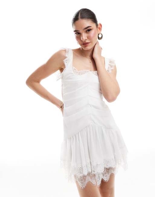 ASOS DESIGN Vestito corto a corsetto bianco con dettaglio in pizzo e scollo quadrato ASOS