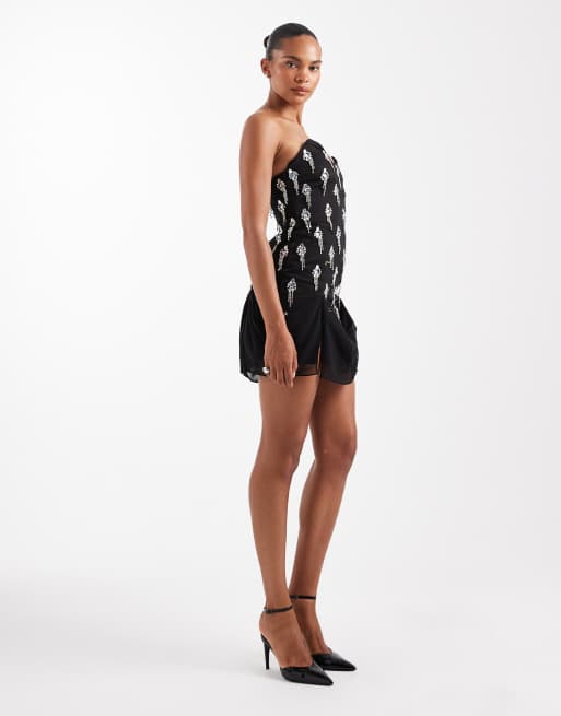 ASOS DESIGN - Vestito corto a corsetto drappeggiato nero con decorazioni, 2 di 4