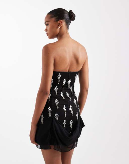 ASOS DESIGN - Vestito corto a corsetto drappeggiato nero con decorazioni, 4 di 4
