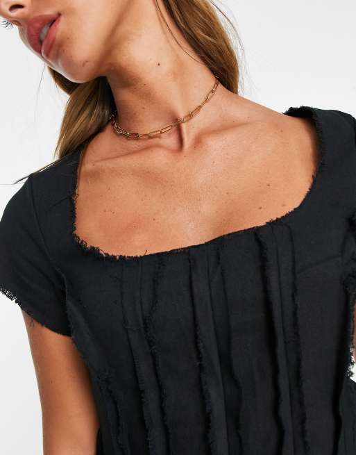 ASOS DESIGN - Vestito corto a corsetto in twill nero con scollo quadrato e bordi grezzi, 3 di 4