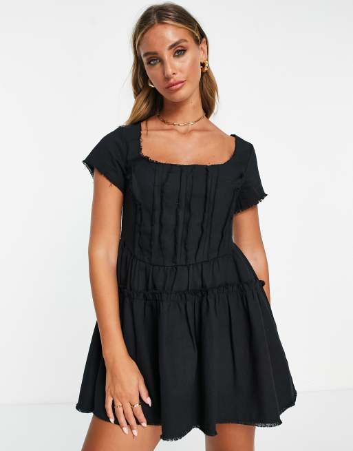 ASOS DESIGN - Vestito corto a corsetto in twill nero con scollo quadrato e bordi grezzi, 4 di 4