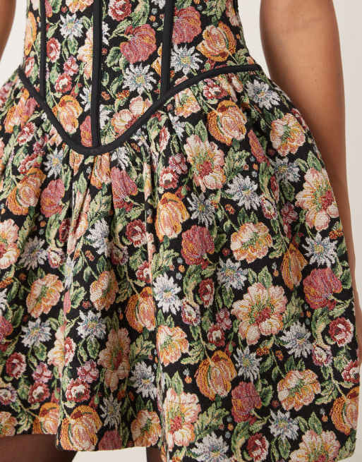 ASOS DESIGN - Vestito corto a corsetto senza maniche con stampa stile arazzo, 3 di 4