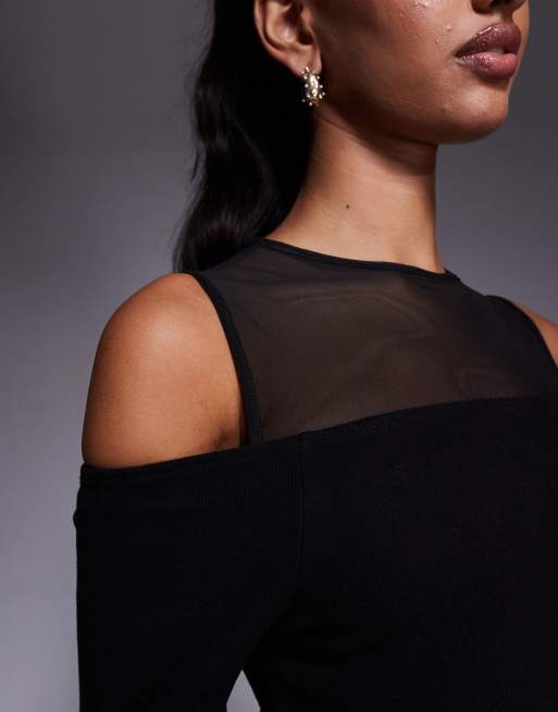 ASOS DESIGN - Vestito corto a doppio strato morbidissimo nero in rete con scollo alla Bardot, 4 di 4