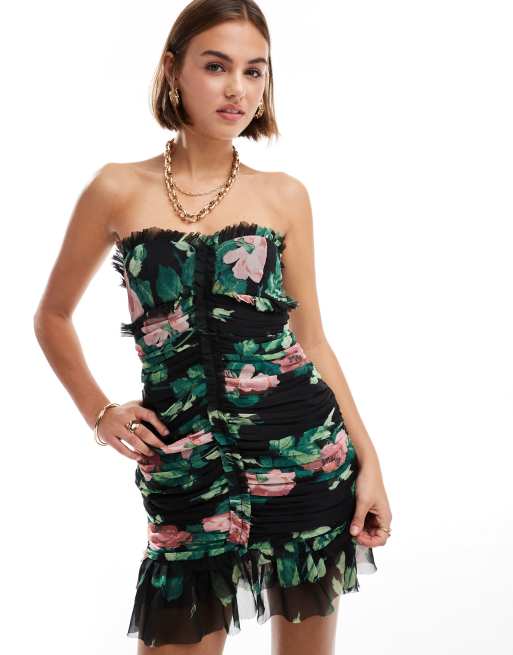 ASOS DESIGN - Vestito corto a fascia arricciato a fiori con volant