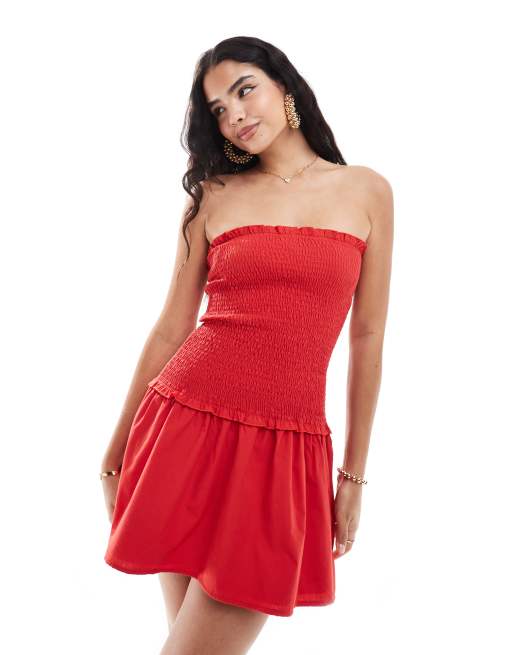 ASOS DESIGN - Vestito corto a fascia arricciato rosso con vita scesa