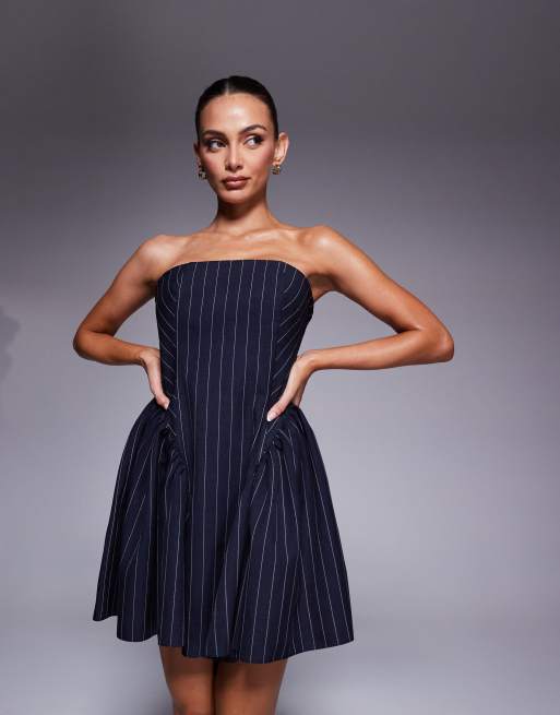 ASOS DESIGN - Vestito corto a fascia blu navy gessato, 3 di 4