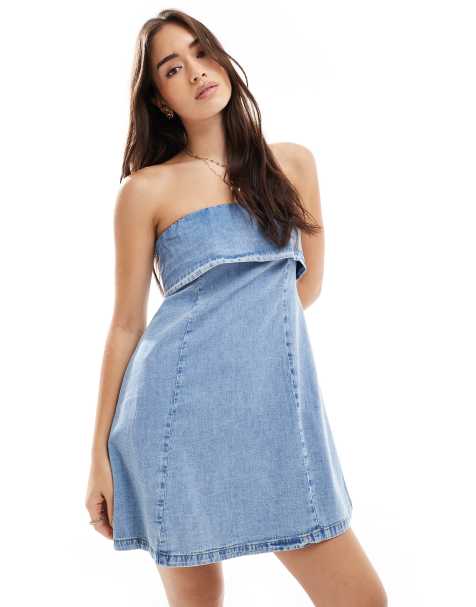 ASOS DESIGN - Vestito corto a fascia in denim morbido blu lavaggio medio - view 1
