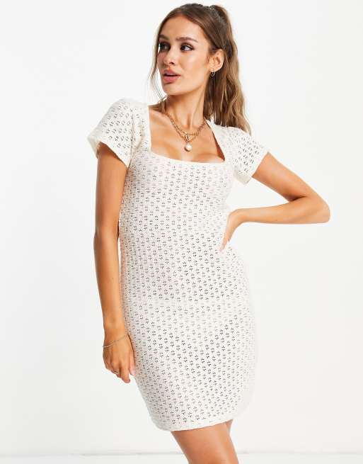 ASOS DESIGN - Vestito corto a maniche corte all'uncinetto con scollo quadrato color crema