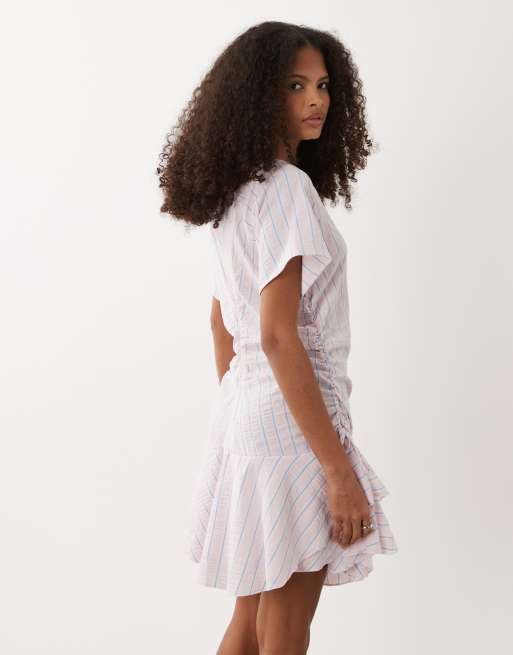 ASOS DESIGN - Vestito corto a maniche corte con arricciature allacciate in vita rosa e blu a righe, 3 di 4