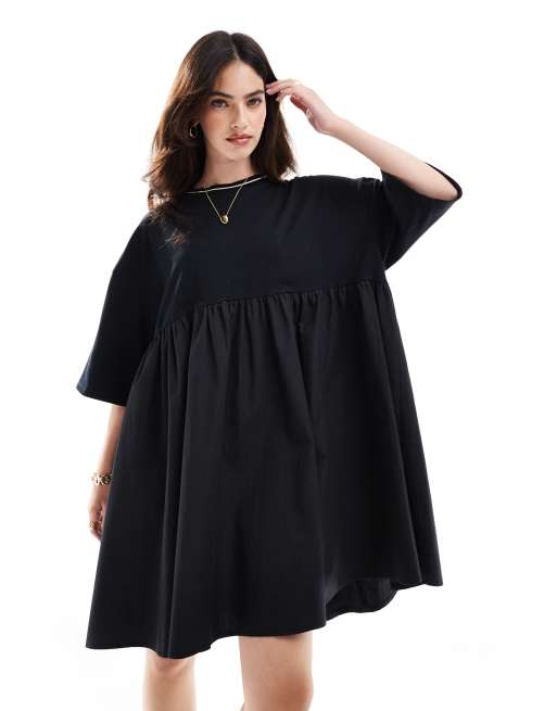 ASOS DESIGN - Vestito corto a maniche corte in misto popeline nero con scollo a contrasto
