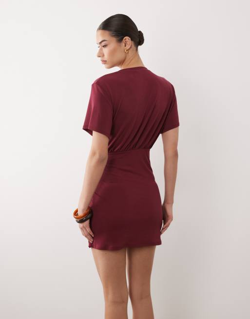 ASOS DESIGN - Vestito corto a maniche corte in modal color vino con allacciatura, 4 di 4