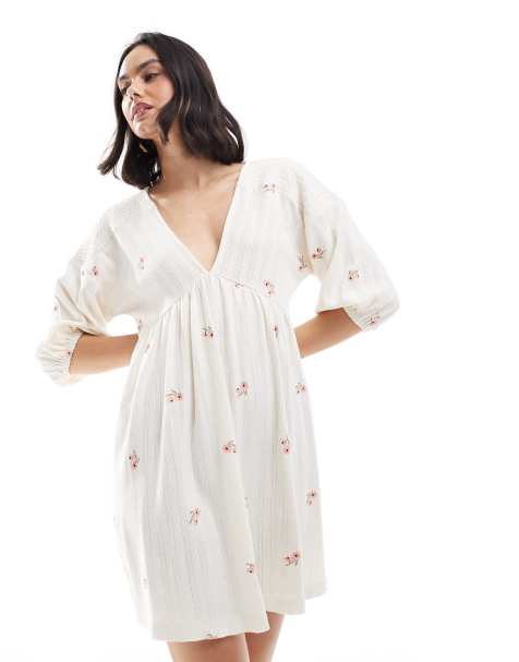 ASOS DESIGN - Vestito corto a maniche corte raccolto in vita bianco ricamato con scollo a V - view 1
