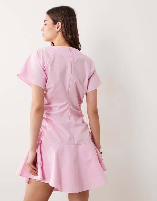 ASOS DESIGN - Vestito corto a maniche corte rosa allacciato in vita con arricciatura, 4 di 4