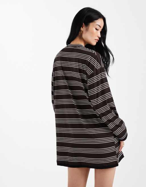 ASOS DESIGN - Vestito corto a maniche lunghe a doppio strato color cioccolato a righe, 2 di 4