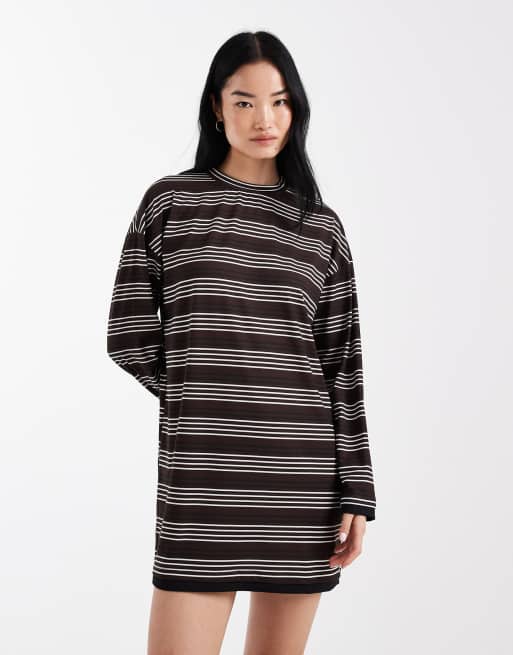 ASOS DESIGN - Vestito corto a maniche lunghe a doppio strato color cioccolato a righe, 4 di 4