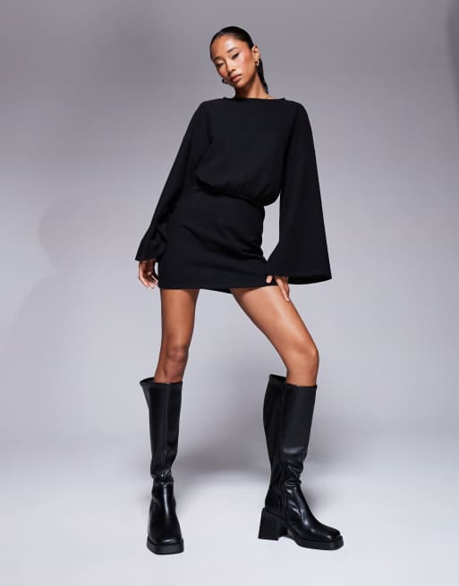ASOS DESIGN - Vestito corto a maniche lunghe ampie nero morbido stile blusa, 2 di 4