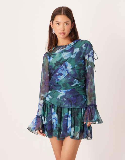 ASOS DESIGN - Vestito corto a maniche lunghe blu a fiori con volant e drappeggio, 2 di 4