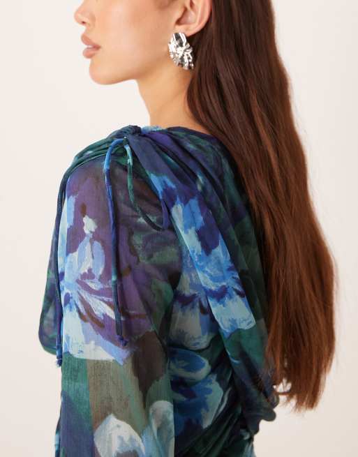 ASOS DESIGN - Vestito corto a maniche lunghe blu a fiori con volant e drappeggio, 3 di 4