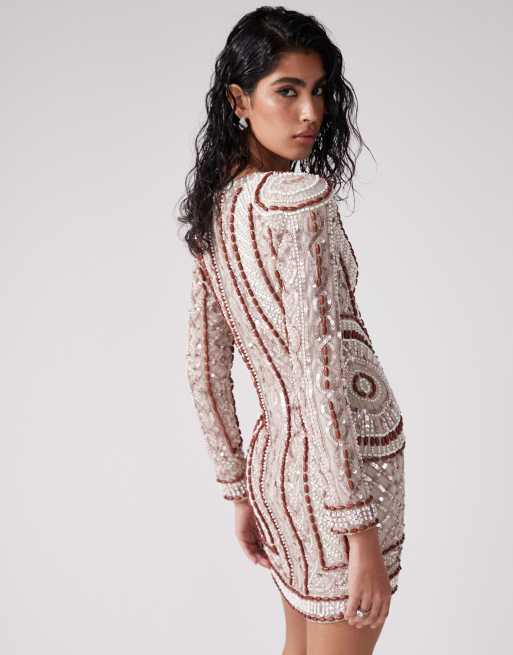 ASOS DESIGN - Vestito corto a maniche lunghe color pietra decorato con perline in legno, 3 di 4