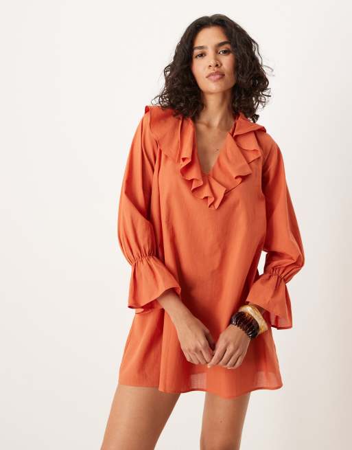 ASOS DESIGN - Vestito corto a maniche lunghe color ruggine con volant e scollo a V