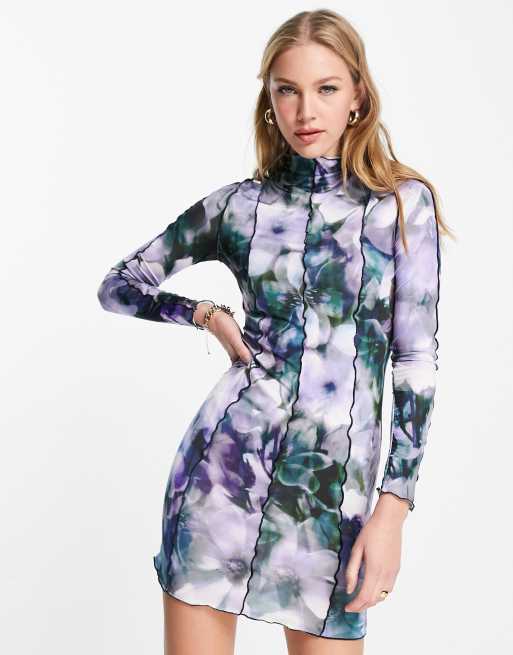 ASOS DESIGN - Vestito corto a maniche lunghe con cuciture a vista e grande stampa a fiori
