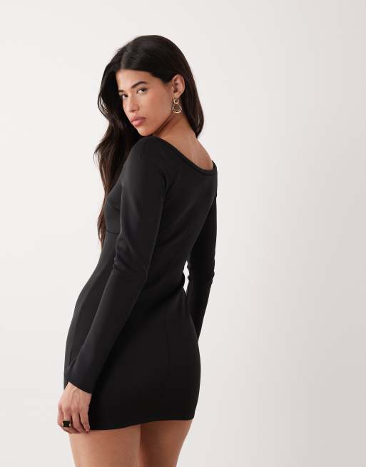 ASOS DESIGN - Vestito corto a maniche lunghe con scollo rotondo e spalle scoperte in tessuto stile scuba nero, 4 di 4