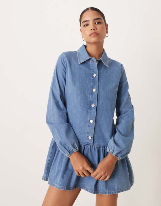 ASOS DESIGN - Vestito corto a maniche lunghe con vita scesa in denim indaco, 2 di 4