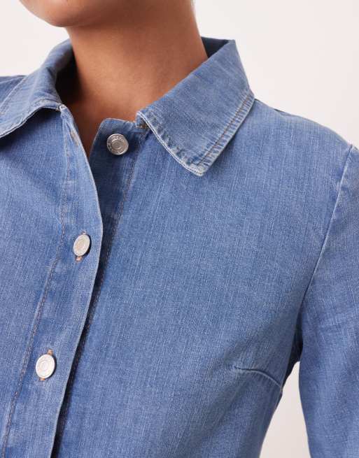 ASOS DESIGN - Vestito corto a maniche lunghe con vita scesa in denim indaco, 3 di 4