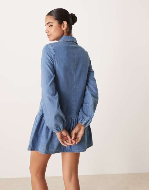 ASOS DESIGN - Vestito corto a maniche lunghe con vita scesa in denim indaco, 4 di 4