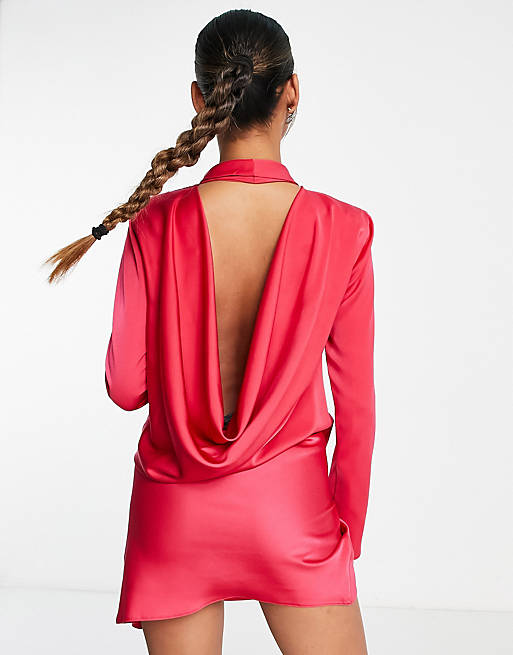 ASOS DESIGN - Vestito corto a maniche lunghe in raso rosa vivo con colletto e allacciatura laterale