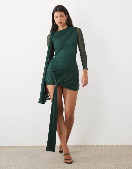 ASOS DESIGN vestito corto a maniche lunghe in rete con dettaglio drappeggiato e nodo verde bottiglia, 2 di 4