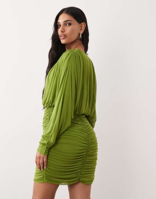 ASOS DESIGN - Vestito corto a maniche lunghe in rete verde con scollo profondo e arricciatura, 4 di 4