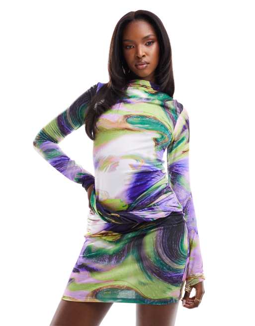 ASOS DESIGN - Vestito corto a maniche lunghe incrociato sul davanti con stampa astratta viola