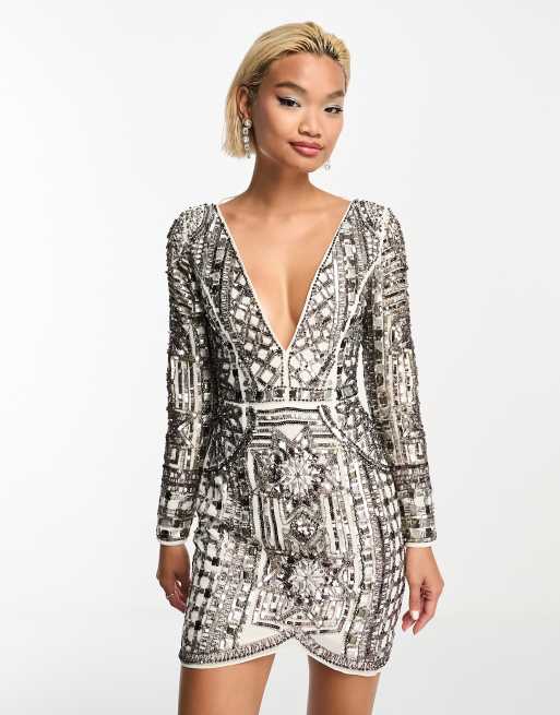 ASOS DESIGN - Vestito corto a maniche lunghe monocromatico decorato in stile mosaico