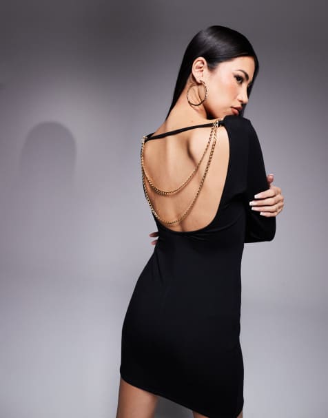 ASOS DESIGN - Vestito corto a maniche lunghe nero con bustino arricciato e catenina dorata - view 1