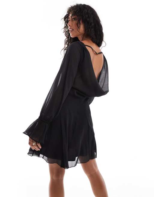 ASOS DESIGN - Vestito corto a maniche lunghe nero con gonna godet e scollo ad anello sul retro, 2 di 4