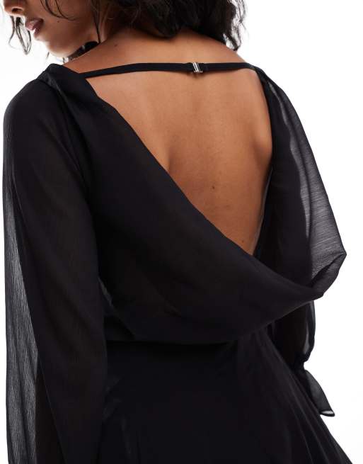 ASOS DESIGN - Vestito corto a maniche lunghe nero con gonna godet e scollo ad anello sul retro, 4 di 4