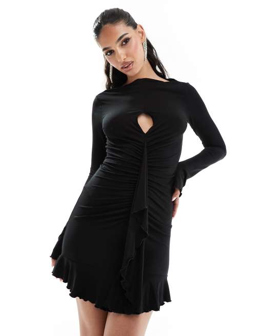 ASOS DESIGN - Vestito corto a maniche lunghe nero con volant, bordi smerlati e apertura a goccia