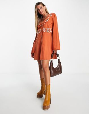 ASOS DESIGN long sleeve button down waisted mini dress with floral embroidery in rust - ASOS Price Checker