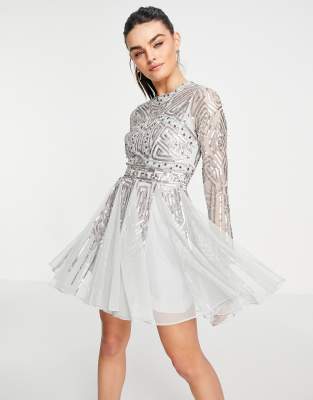 ASOS DESIGN - Vestito corto a maniche lunghe salvia decorato con gemme e paillettes