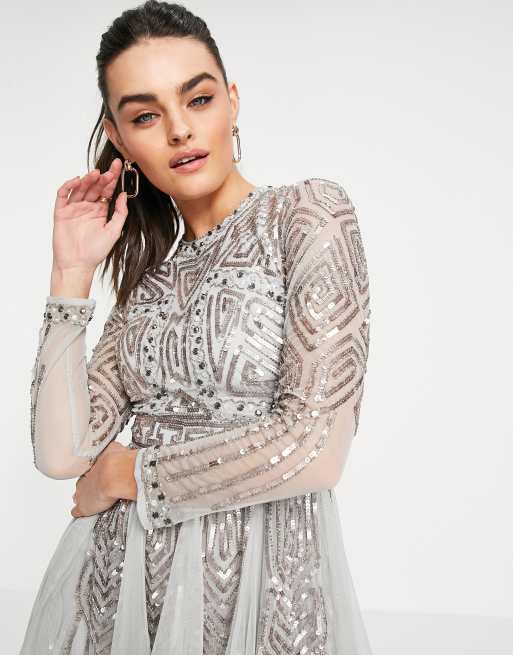 ASOS DESIGN - Vestito corto a maniche lunghe salvia decorato con gemme e paillettes, 3 di 4