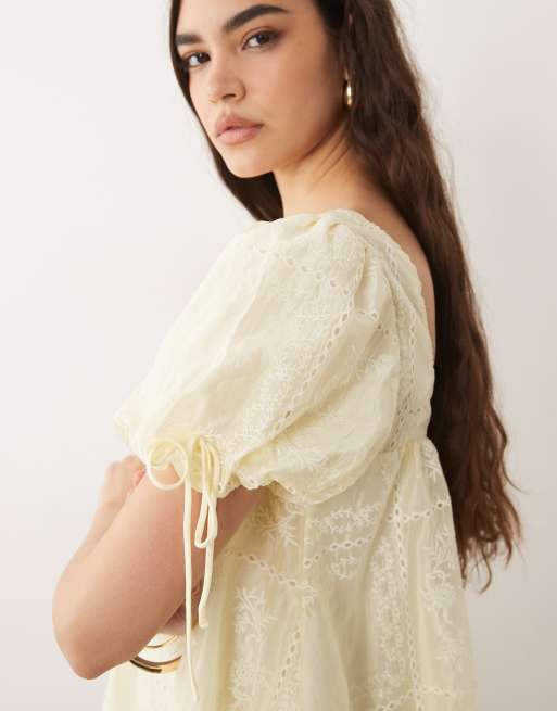 ASOS DESIGN - Vestito corto a palloncino giallo limone con scollo squadrato e ricamo, 2 di 4