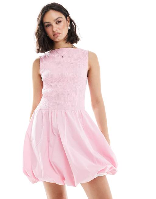 ASOS DESIGN - Vestito corto a palloncino in popeline rosa arricciato, 2 di 4