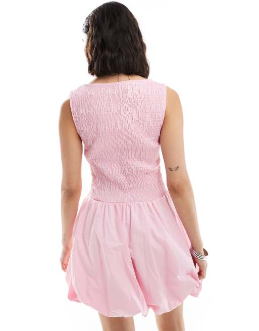 ASOS DESIGN - Vestito corto a palloncino in popeline rosa arricciato, 3 di 4
