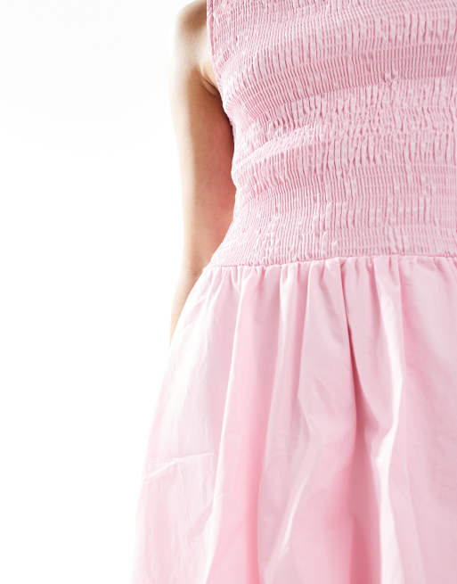 ASOS DESIGN - Vestito corto a palloncino in popeline rosa arricciato, 4 di 4