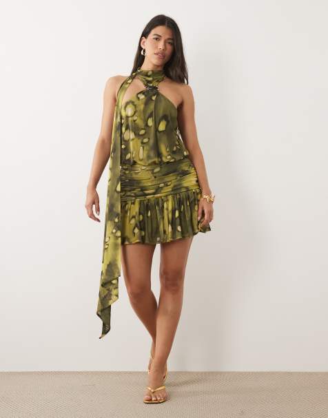 ASOS DESIGN - Vestito corto a palloncino monospalla in rete multicolore con stampa astratta e sciarpa - view 1