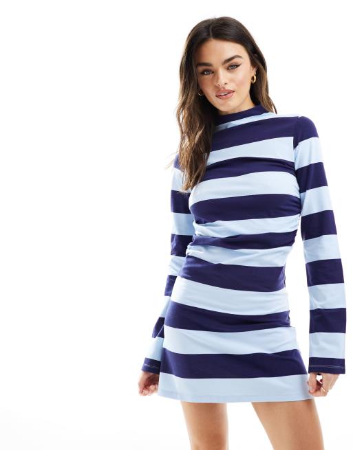 ASOS DESIGN - Vestito corto a righe blu navy con maniche lunghe e collo alto