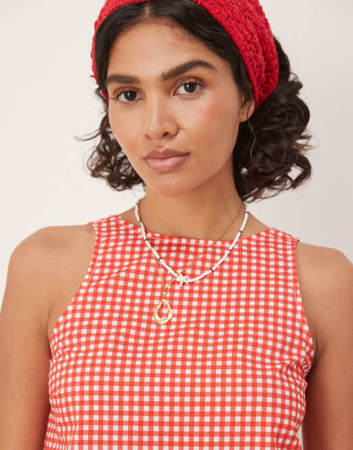 ASOS DESIGN - Vestito corto a trapezio con vita scesa e scollo ad anello sul retro rosso a quadretti, 3 di 4