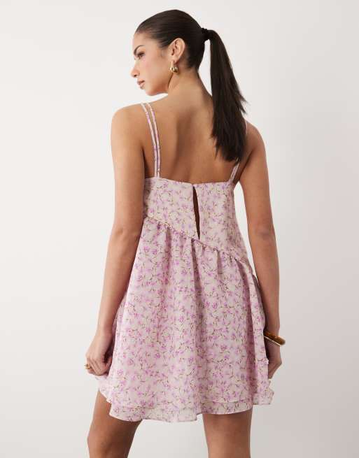 ASOS DESIGN - Vestito corto a trapezio in chiffon rosa a fiori, 4 di 4